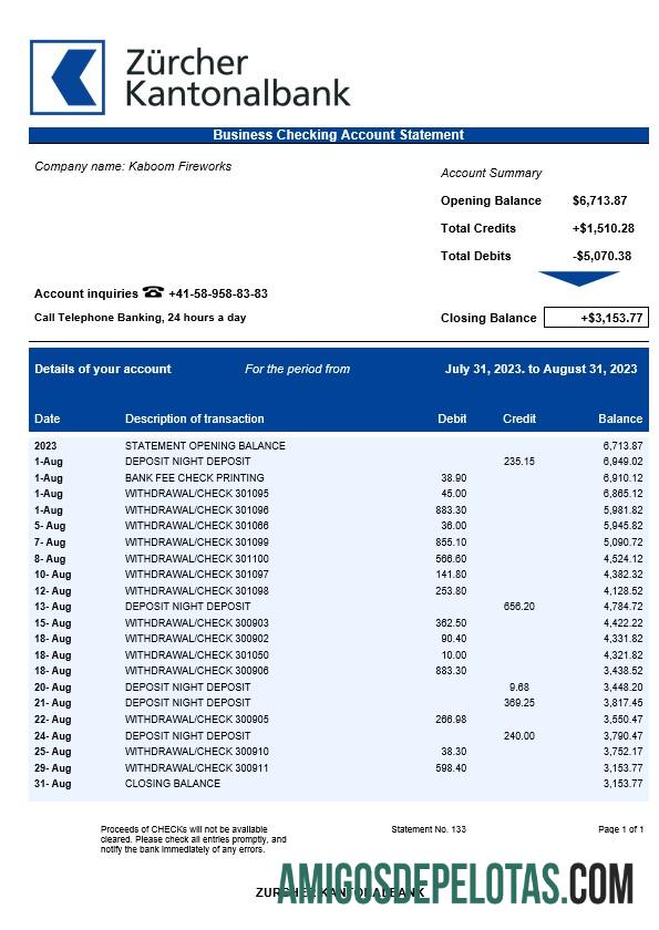 Baixável Zürcher Kantonalbank Business Statement Modelo Word e PDF
